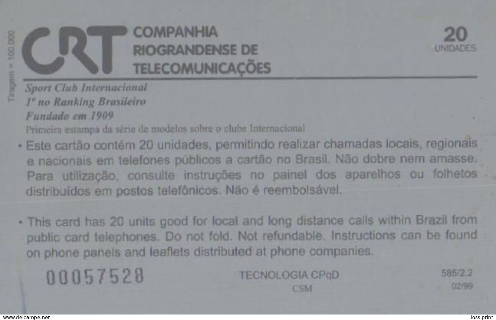 Brazil:Brasil:Used Phonecard, CRT Brasil Telecom, 20 Units, Sport Club Internationsl, 1999 - Brasilien