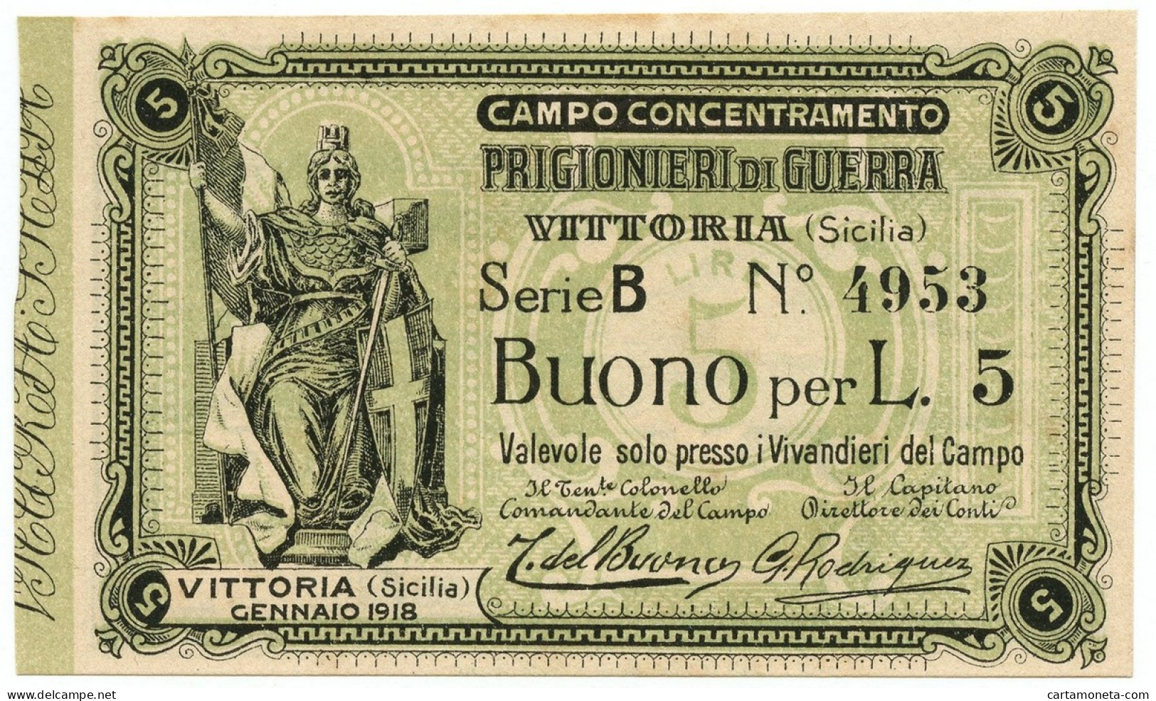 5 LIRE CAMPO CONCENTRAMENTO PRIGIONIERI DI GUERRA WWI VITTORIA GENNAIO 1918 SUP - Other & Unclassified