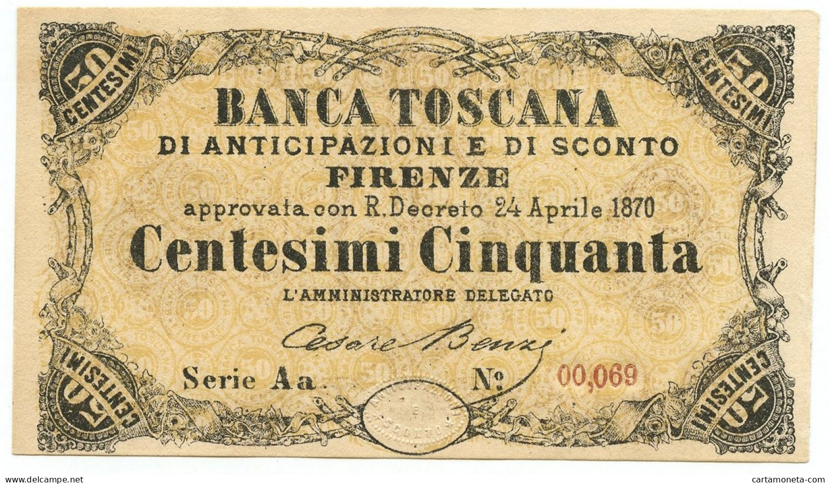 50 CENTESIMI BANCA TOSCANA ANTICIPAZIONE SCONTO FIRENZE N. Aa 00,069 1870 SUP - Sonstige & Ohne Zuordnung