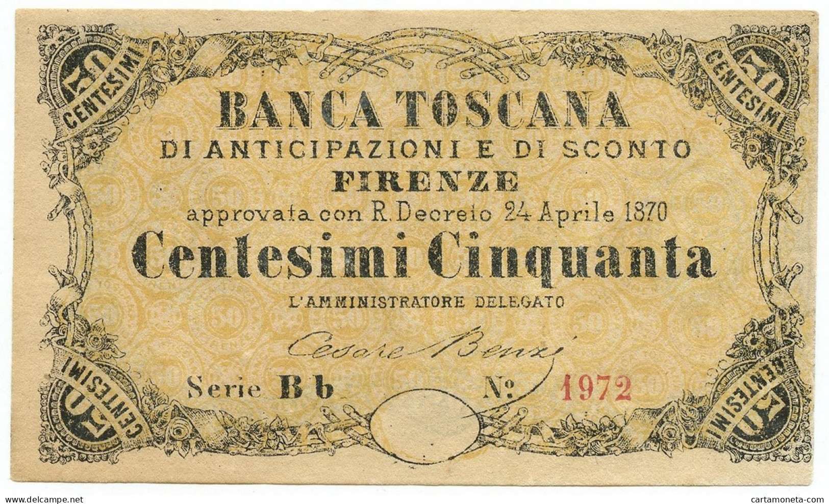50 CENTESIMI BANCA TOSCANA ANTICIPAZIONE SCONTO FIRENZE SERIALE Bb 1972 1870 SUP - Other & Unclassified