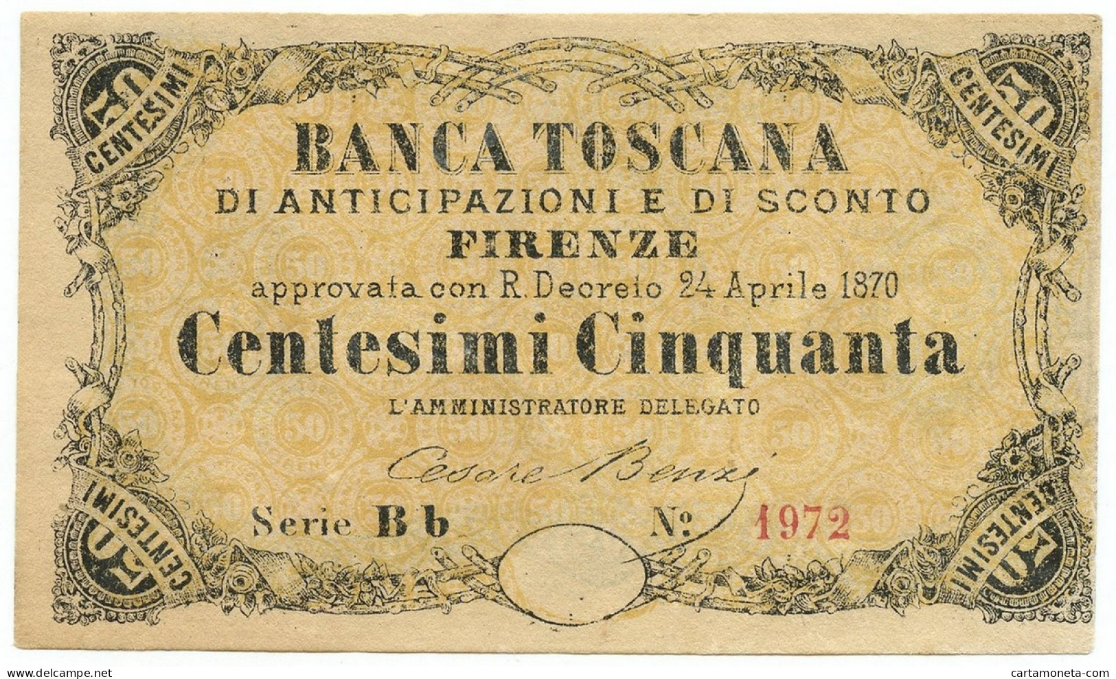 50 CENTESIMI BANCA TOSCANA ANTICIPAZIONE SCONTO FIRENZE SERIALE Bb 1972 1870 SUP - Altri & Non Classificati