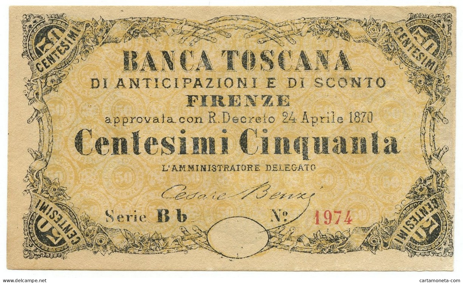 50 CENTESIMI BANCA TOSCANA ANTICIPAZIONE SCONTO FIRENZE SERIALE Bb 1974 1870 SUP - Autres & Non Classés