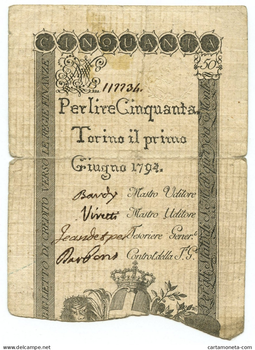 50 LIRE REGIE FINANZE TORINO REGNO DI SARDEGNA 01/06/1794 MB/BB - Sonstige & Ohne Zuordnung