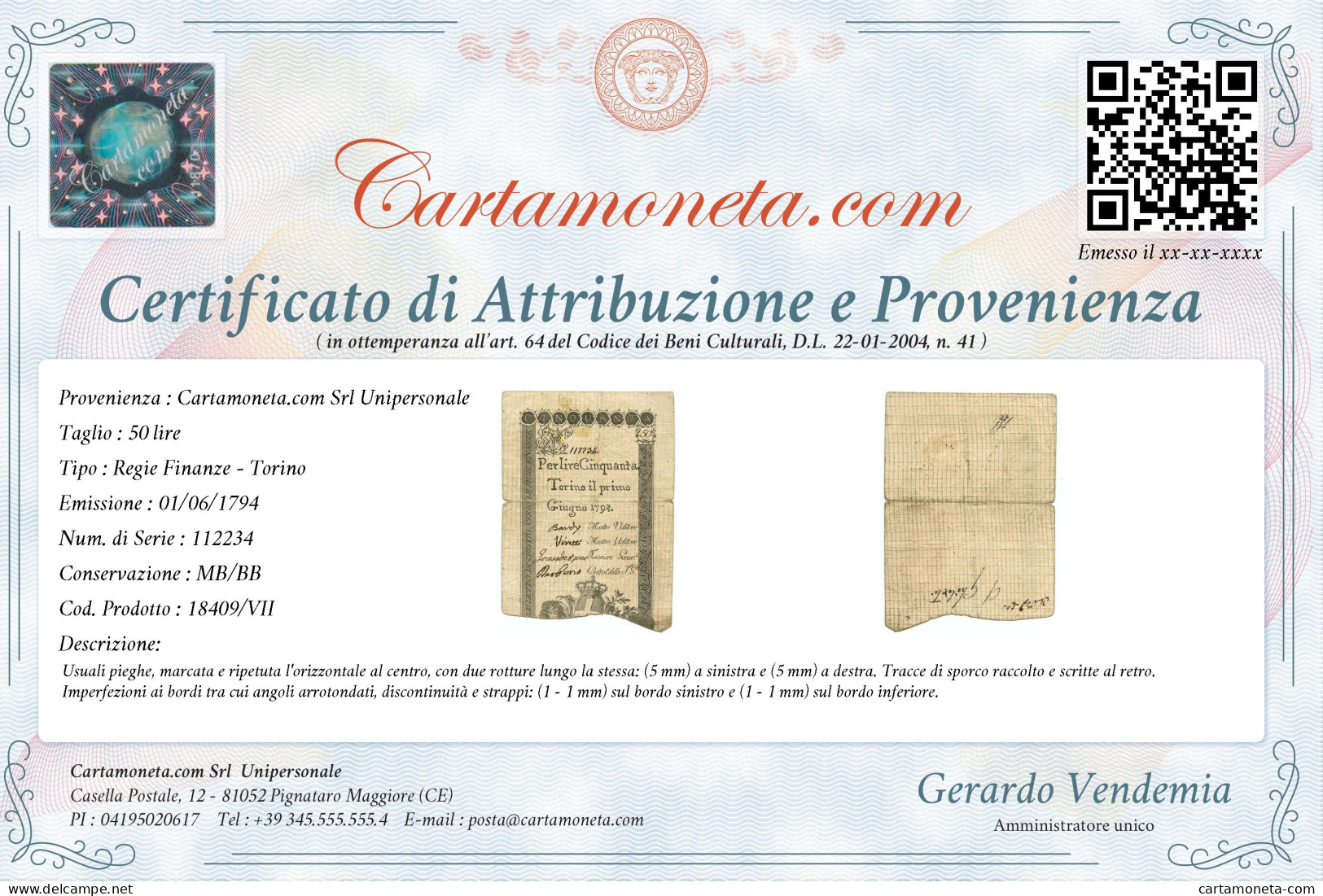 50 LIRE REGIE FINANZE TORINO REGNO DI SARDEGNA 01/06/1794 MB/BB - Other & Unclassified