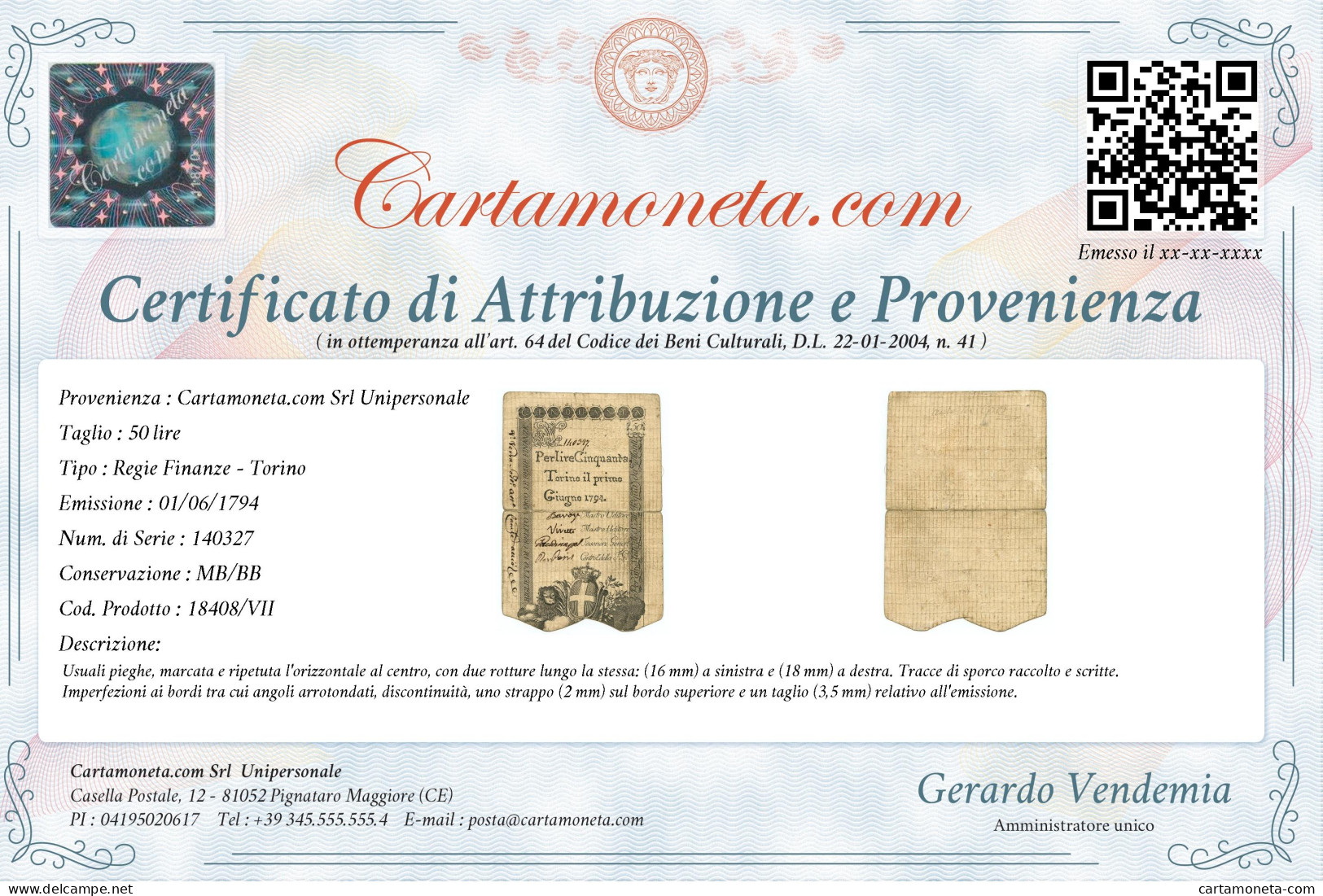 50 LIRE REGIE FINANZE TORINO REGNO DI SARDEGNA 01/06/1794 MB/BB - Andere & Zonder Classificatie