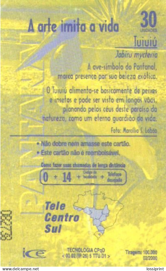 Brazil:Brasil:Used Phonecard, TeleMS, 30 Units, Birds, Jabiru Mycteria, 2000 - Brasilien