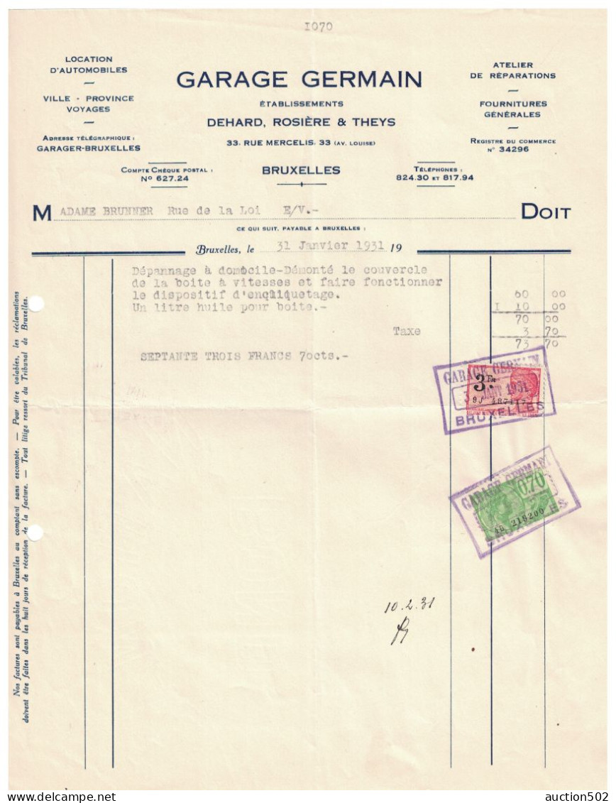 Facture 1931 Bruxelles Garage Germain TP Fiscaux - Auto's