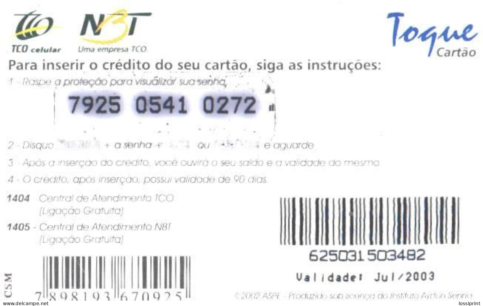 Brazil:Brasil:Used Phonecard, Togue Cartau, 15R$, Ayrton Senna Institute, 2003 - Brasilien