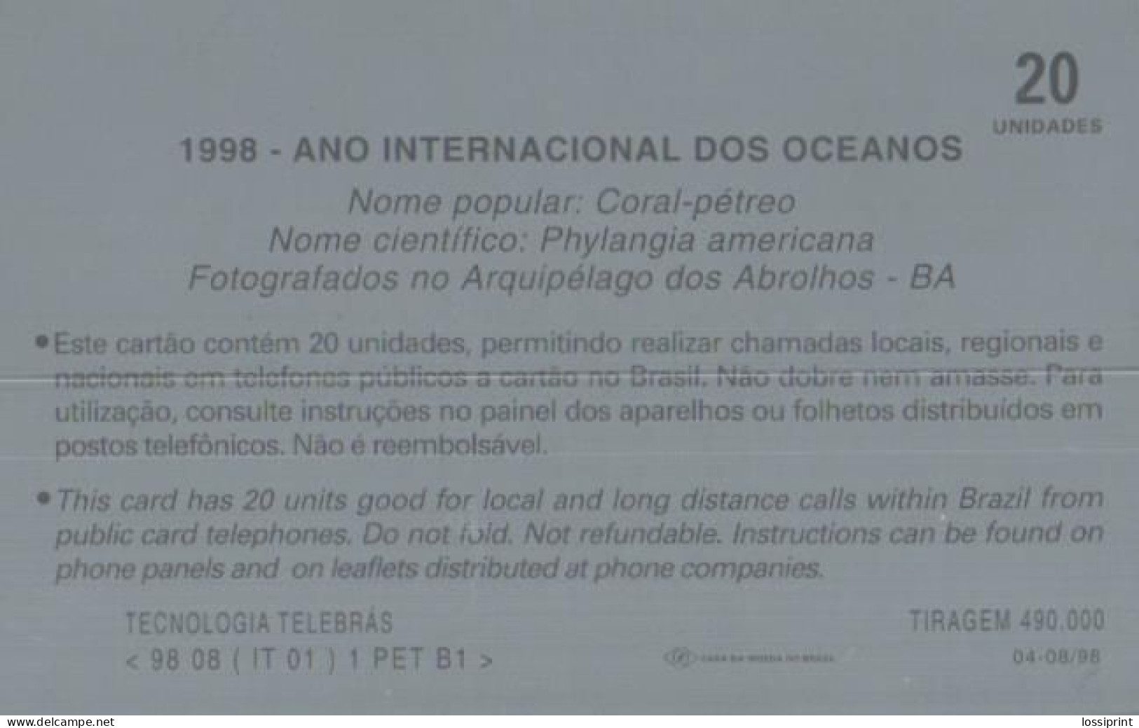 Brazil:Brasil:Used Phonecard, TeleSP, 20 Units, Corals, Phylangia Americana, 1998 - Brasilien