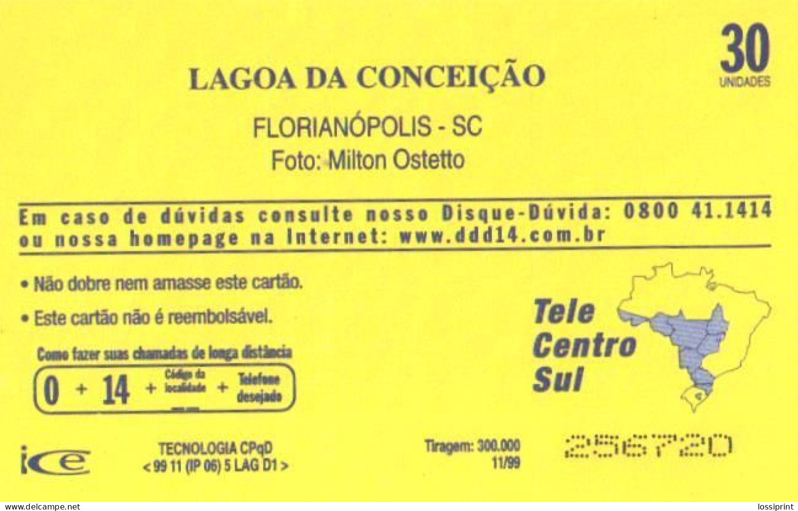 Brazil:Brasil:Used Phonecard, TeleSC, 30 Units, Conceicao Lake Overview, 1999 - Brasilien