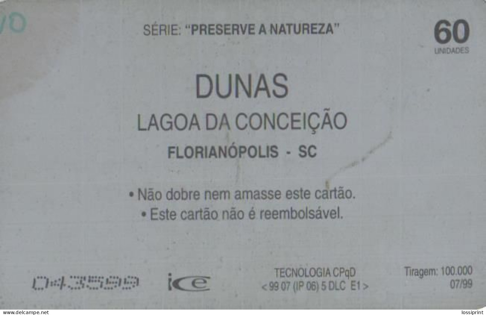 Brazil:Brasil:Used Phonecard, TeleSC, 60 Units, Conceicao Lake Dunes, 1999 - Brasilien