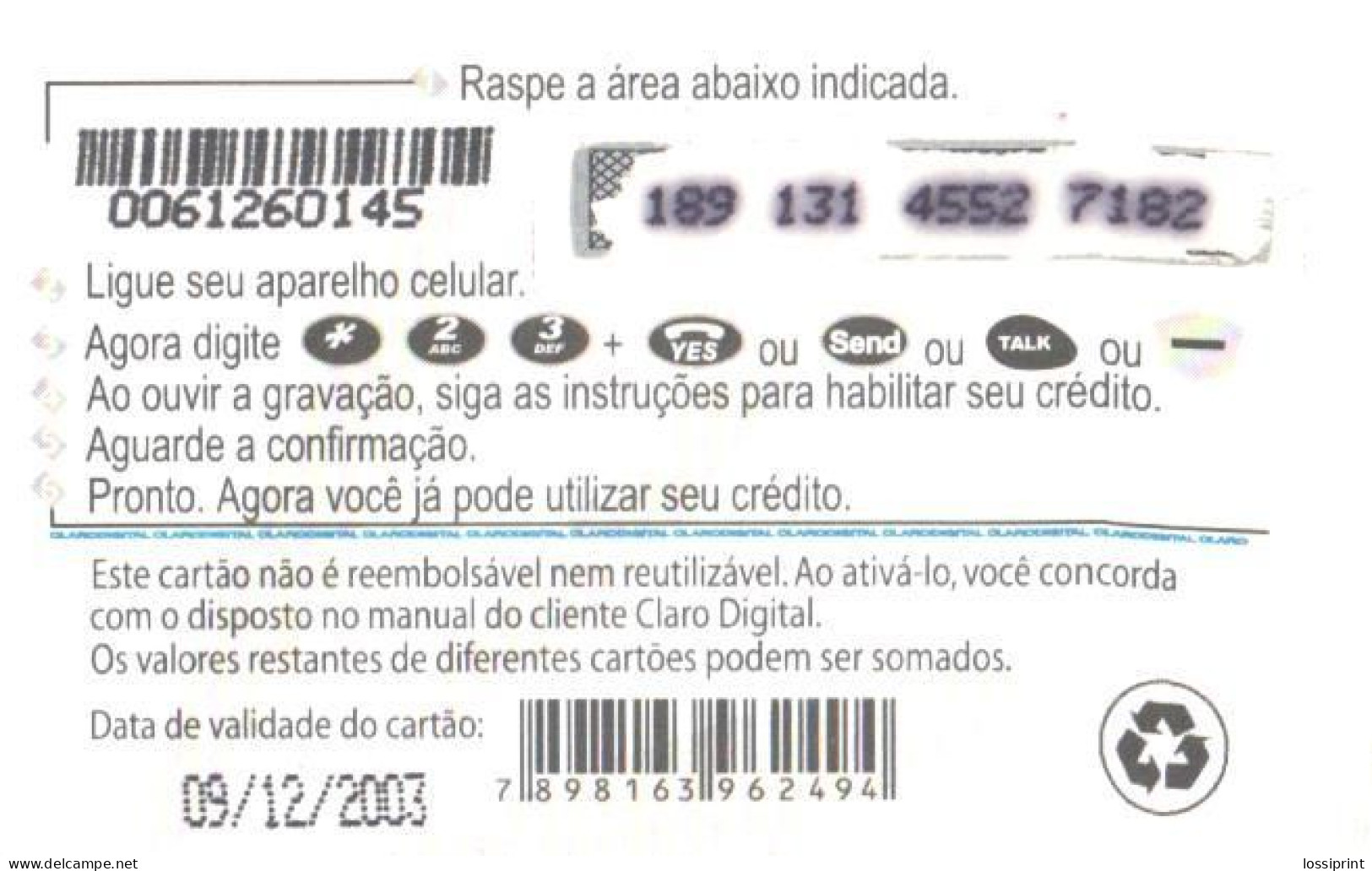 Brazil:Brasil:Used Phonecard, Claro Digital, 20 R$, Mascot, 2003 - Brasilien