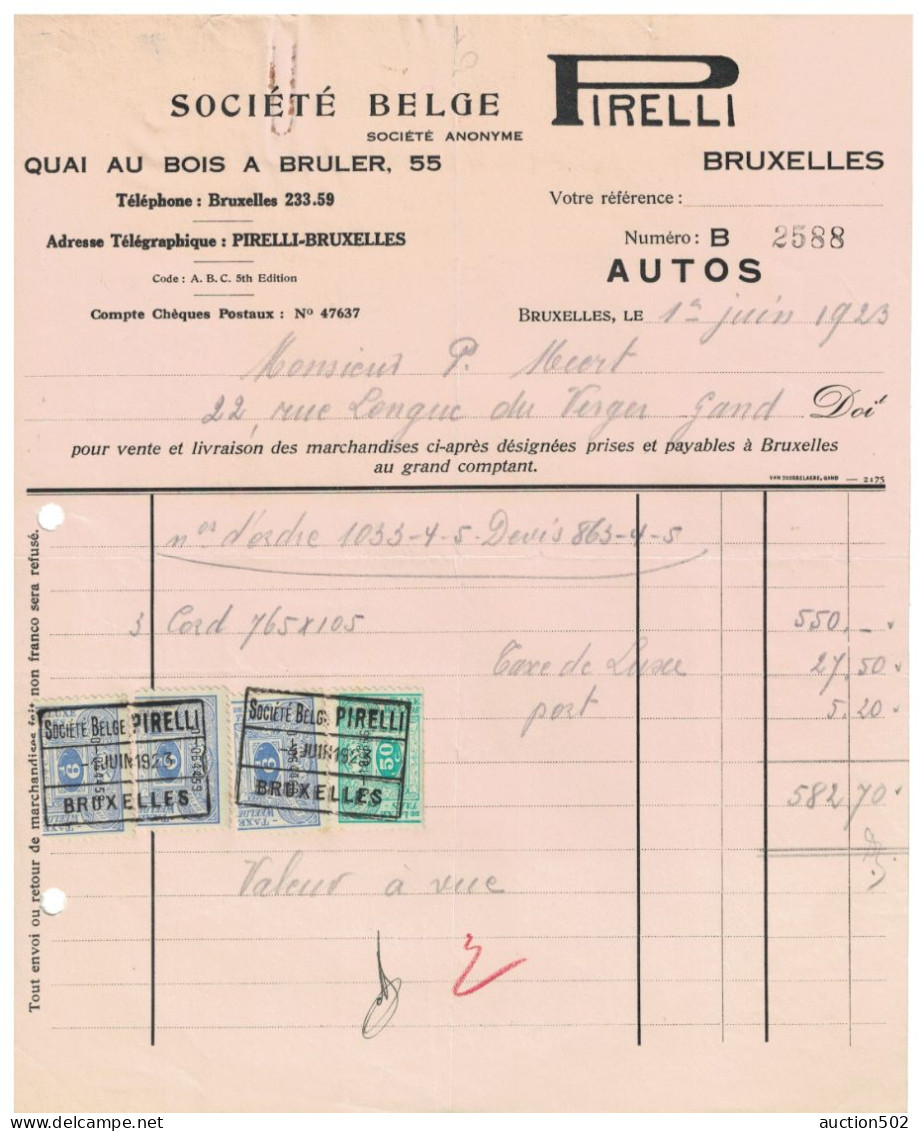 Facture 1923 Bruxelles  Société Belge Pirelli Autos TP Fiscaux - Cars