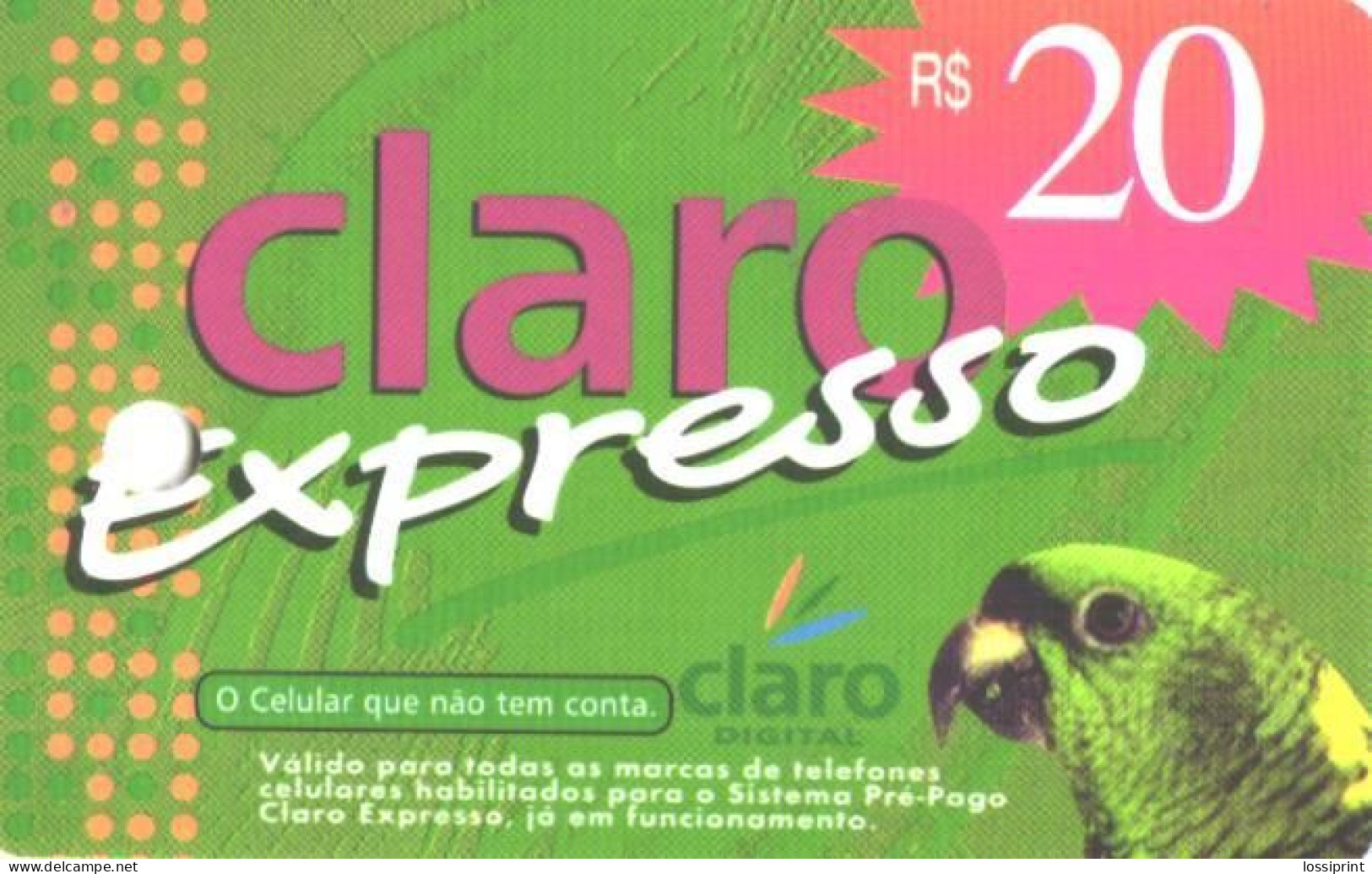 Brazil:Brasil:Used Phonecard, Claro Digital, 20 R$, Bird, Parrot, 2002 - Brasilien