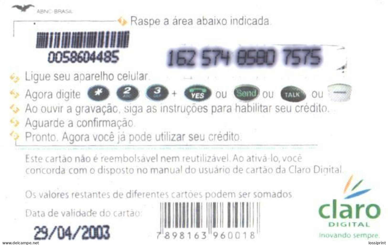 Brazil:Brasil:Used Phonecard, Claro Digital, 20 R$, Mascot, 2003 - Brasilien