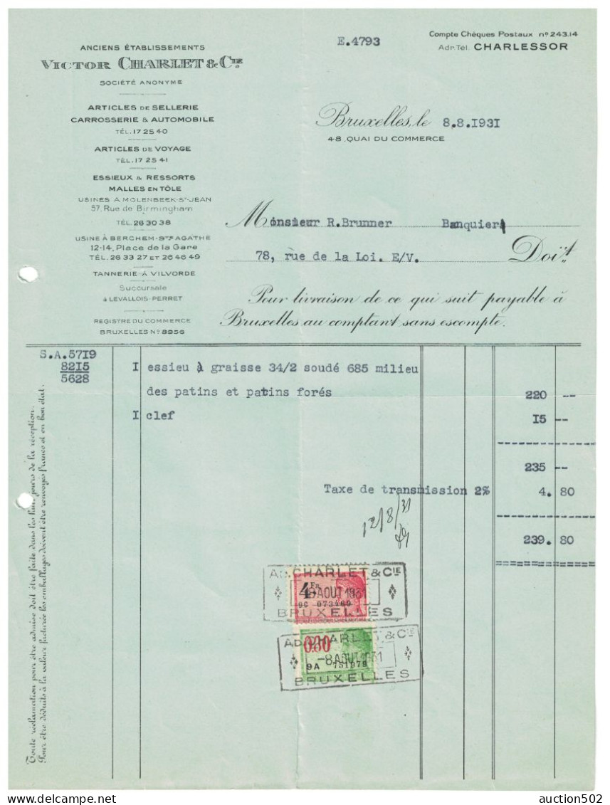 Facture 1931 Bruxelles  Victor Charlet & Cie Articles Carrosserie & Automobile + Sellerie  TP Fiscaux - Automobilismo