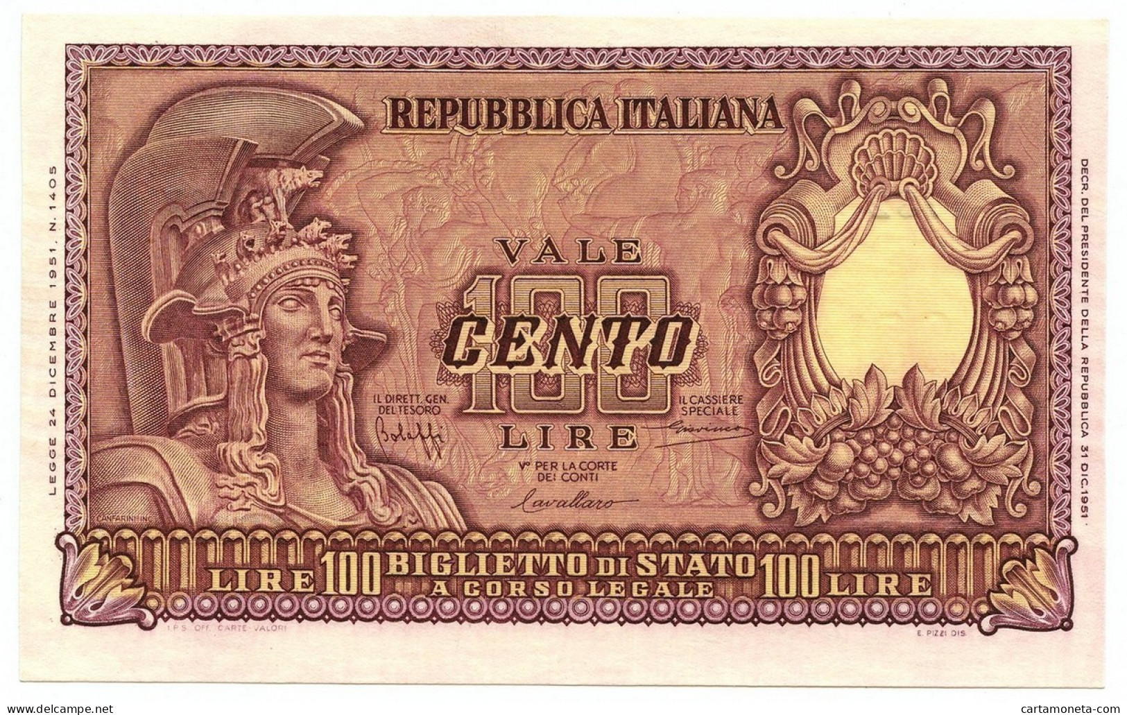 100 LIRE BIGLIETTO DI STATO ITALIA ELMATA BOLAFFI 31/12/1951 SUP+ - Andere & Zonder Classificatie