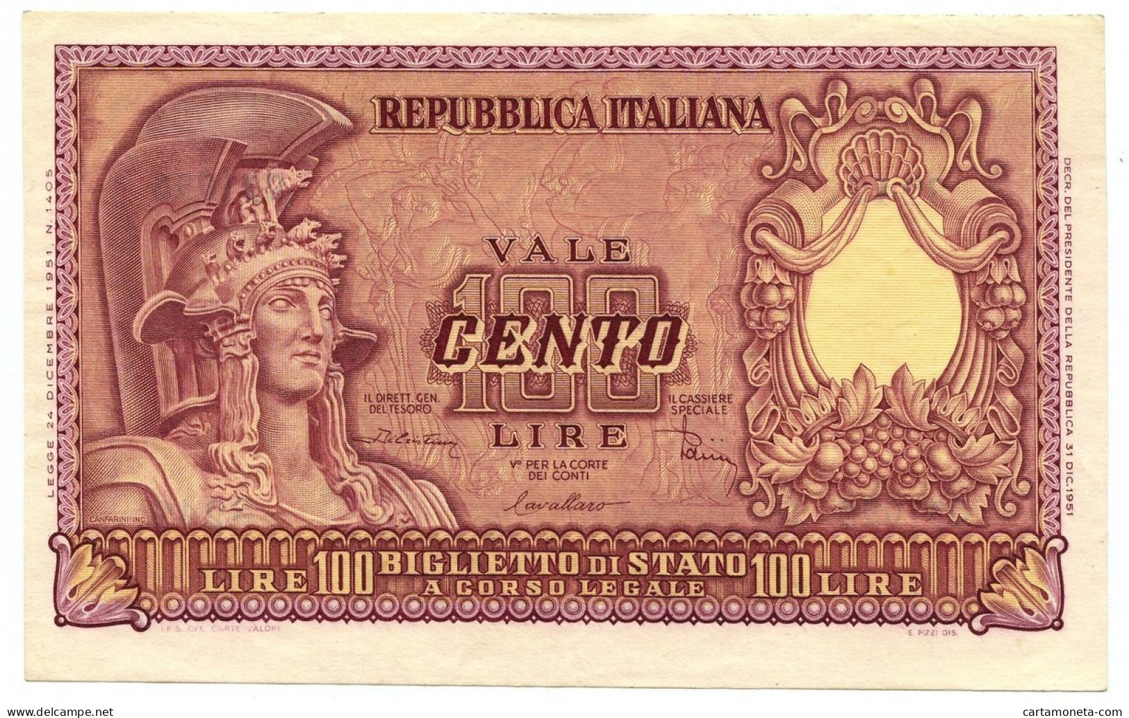 100 LIRE BIGLIETTO DI STATO ITALIA ELMATA DI CRISTINA 31/12/1951 SUP- - Andere & Zonder Classificatie