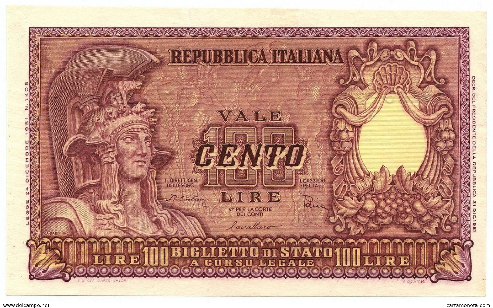 100 LIRE BIGLIETTO DI STATO ITALIA ELMATA DI CRISTINA 31/12/1951 SPL+ - Autres & Non Classés