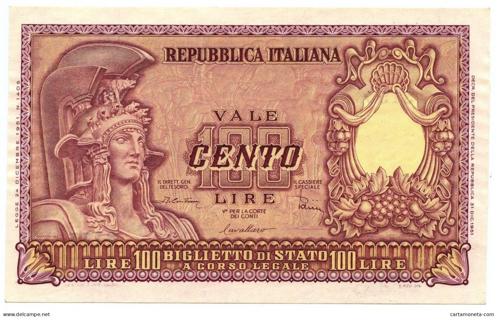 100 LIRE BIGLIETTO DI STATO ITALIA ELMATA DI CRISTINA 31/12/1951 QFDS - Other & Unclassified