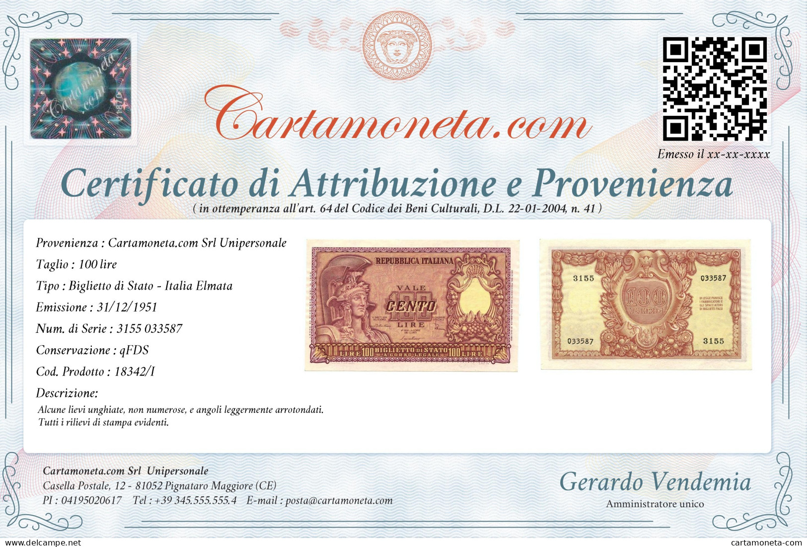 100 LIRE BIGLIETTO DI STATO ITALIA ELMATA DI CRISTINA 31/12/1951 QFDS - Other & Unclassified