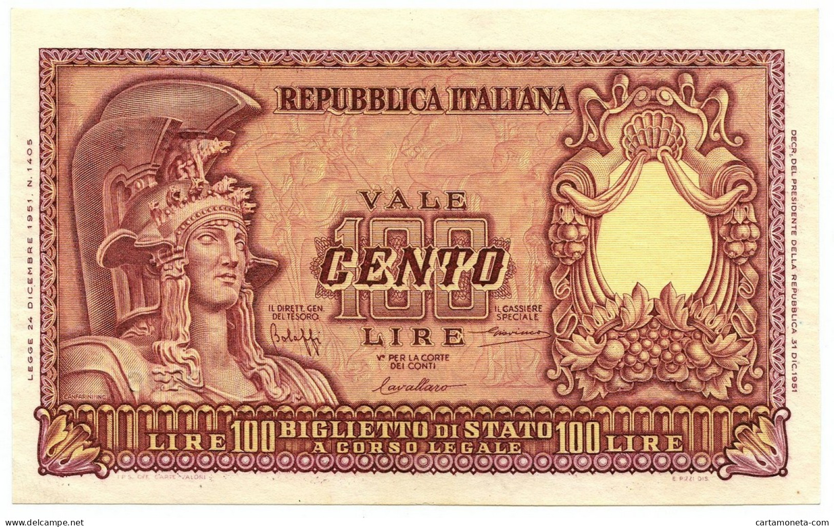 100 LIRE BIGLIETTO DI STATO ITALIA ELMATA BOLAFFI 31/12/1951 SUP+ - Other & Unclassified