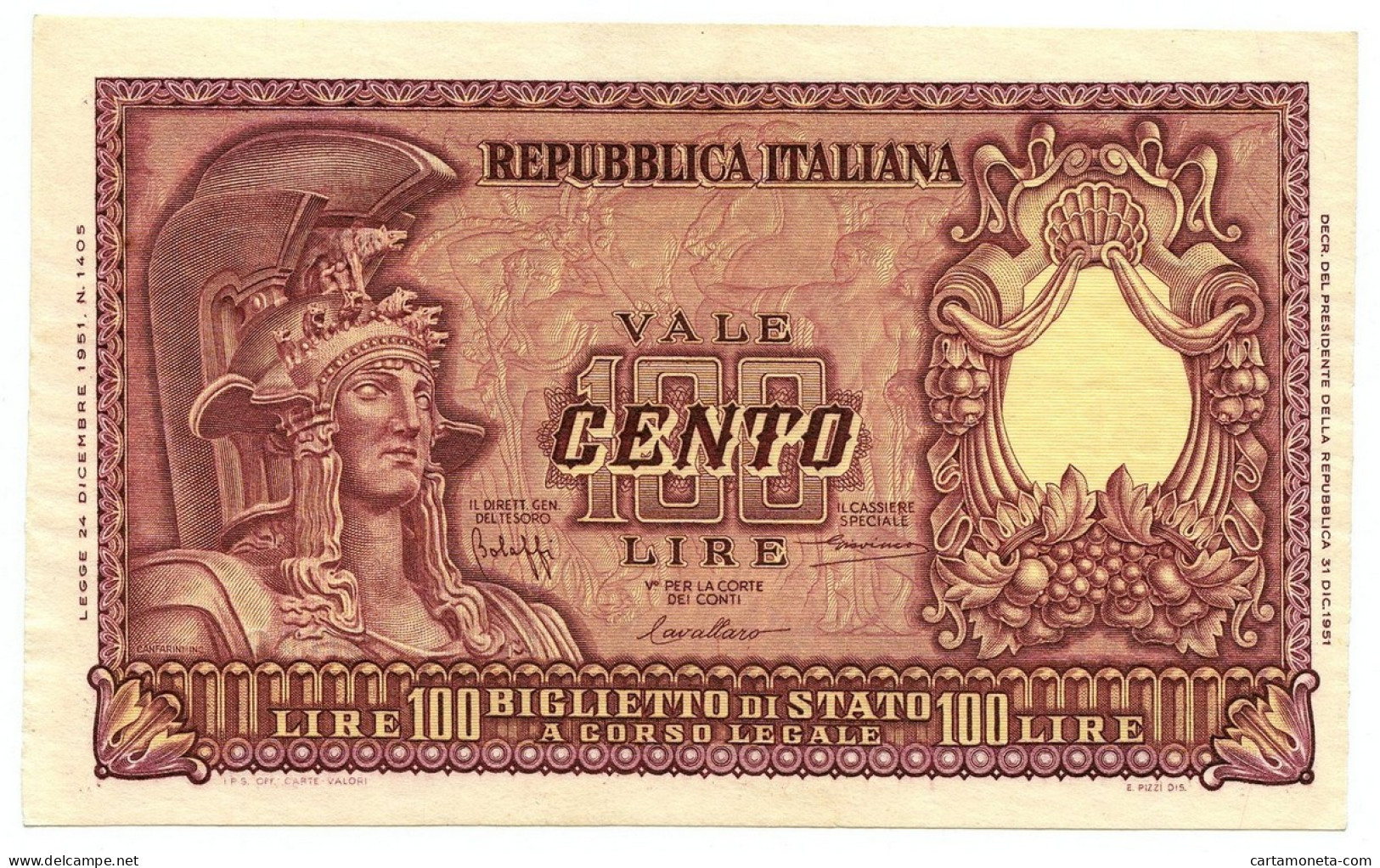 100 LIRE BIGLIETTO DI STATO ITALIA ELMATA BOLAFFI 31/12/1951 SUP+ - Andere & Zonder Classificatie