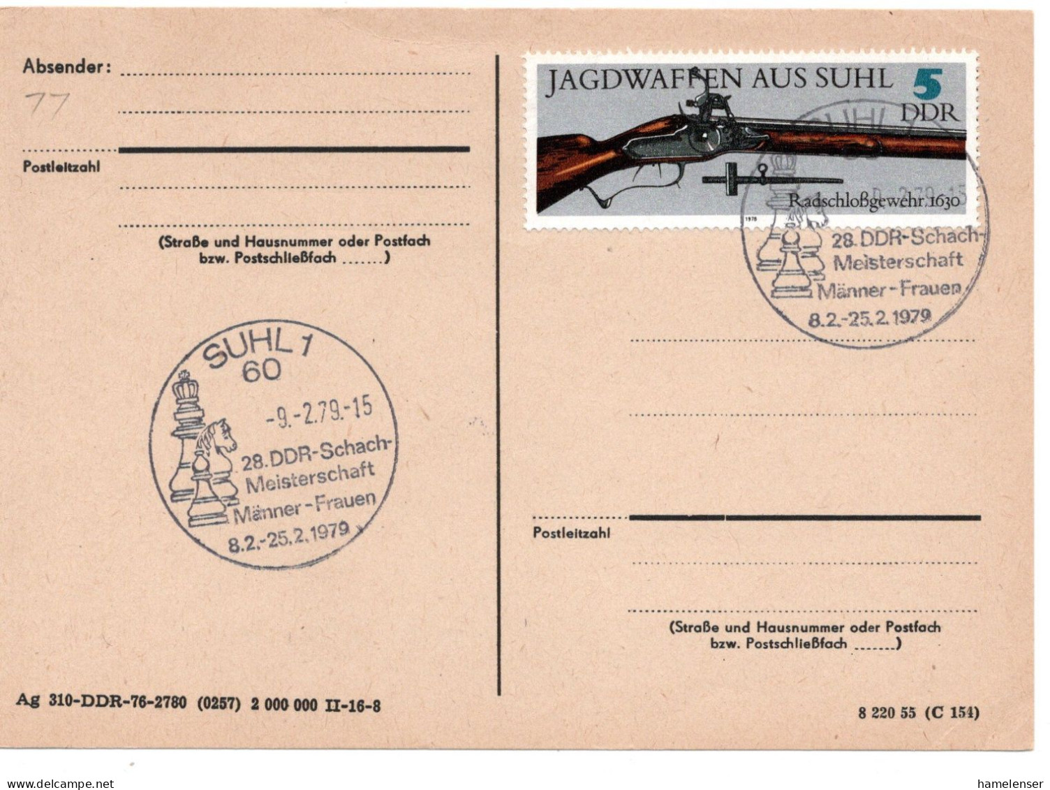 65360 - DDR - 1979 - 5Pfg Jagdwaffen EF A Kte SUHL - 28.DDR-SCHACH-MEISTERSCHAFT ... - Ajedrez