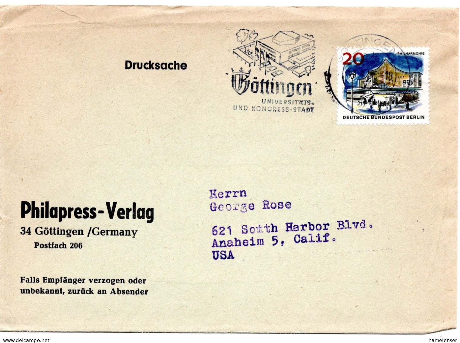 65364 - Berlin - 1966 - 20Pfg Neu-Berlin EF A DrucksBf GOETTINGEN - ... -> Anaheim, CA (USA) - Storia Postale