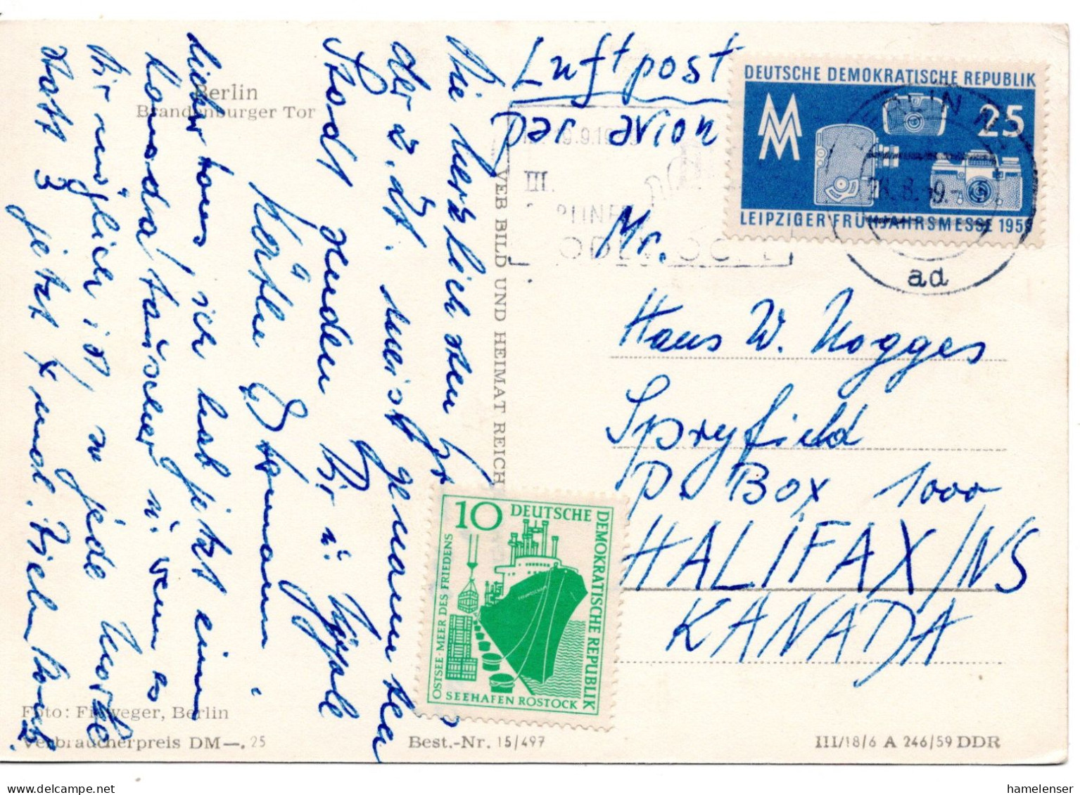 65366 - DDR - 1959 - 25Pfg Fruehjahrsmesse '59 MiF A LpAnsKte BERLIN -> Halifax, NS (Canada), Eine Marke Ungestempelt - Lettres & Documents