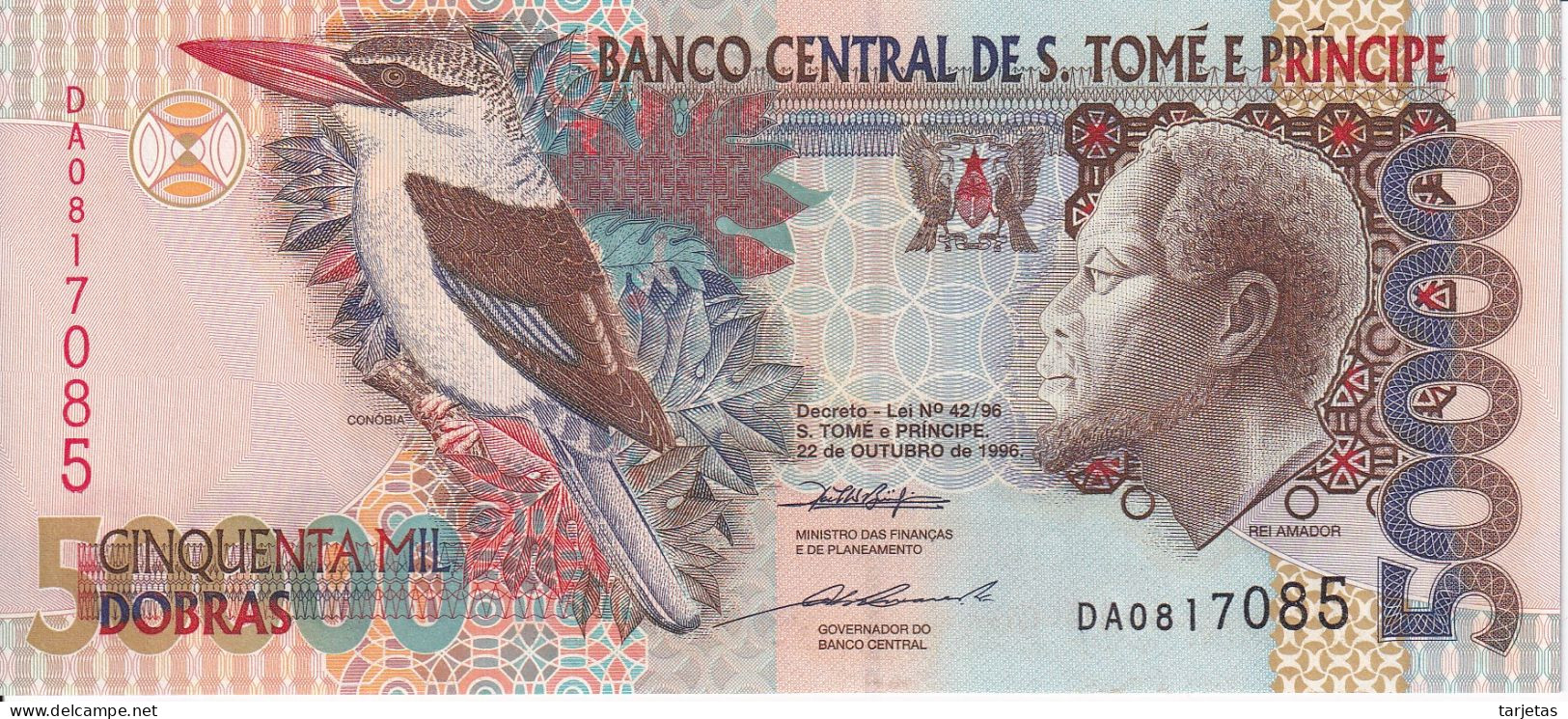 BILLETE DE SAO TOME E PRINCIPE DE 50000 DOBRAS DEL AÑO 1996 SIN CIRCULAR (UNC) (BANKNOTE) PAJARO-BIRD - Sao Tomé Et Principe