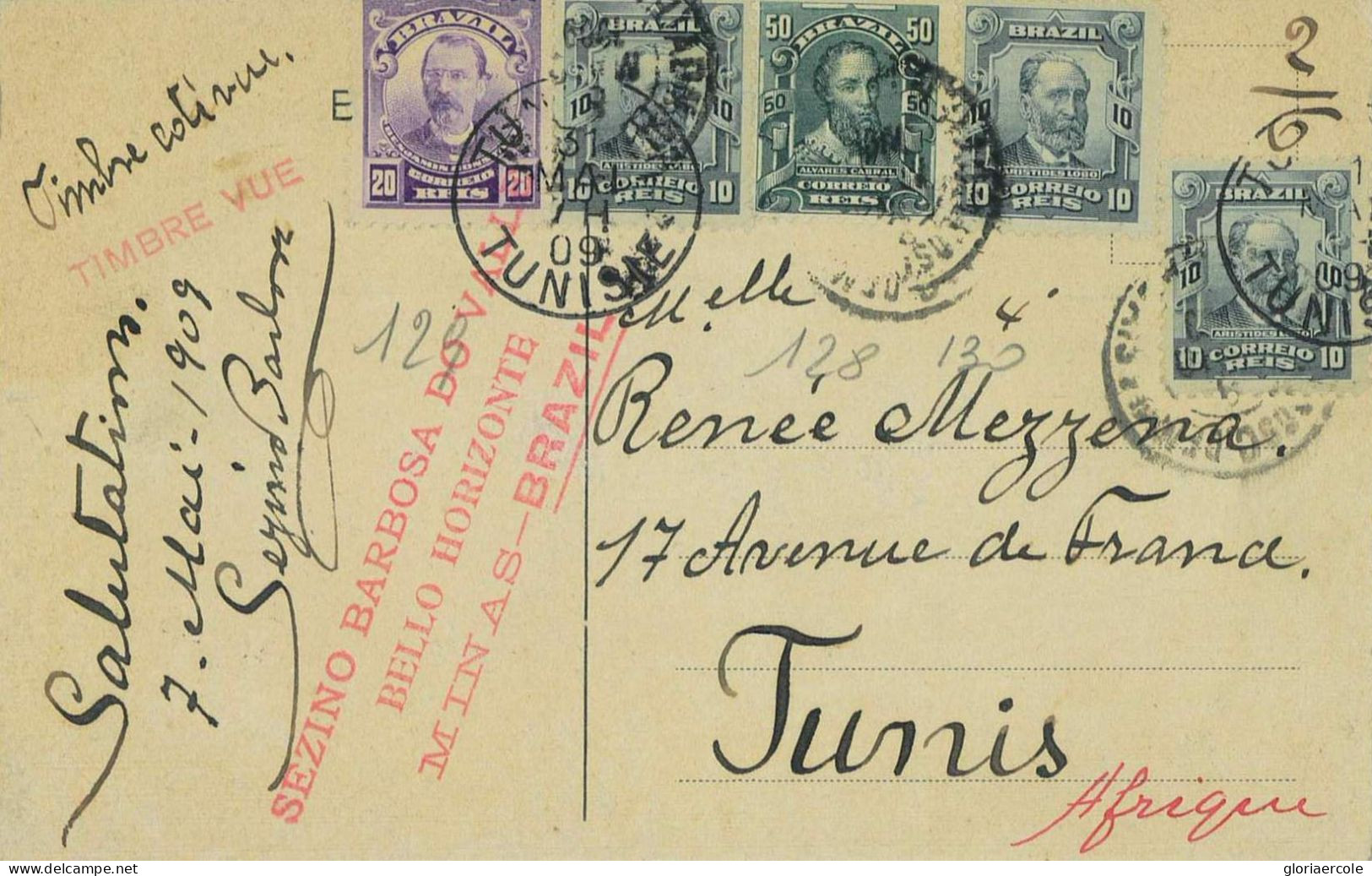 P0687 - BRAZIL - Postal History - NICE FRANKING On Postcard To TUNISIA! 1909 - Brieven En Documenten