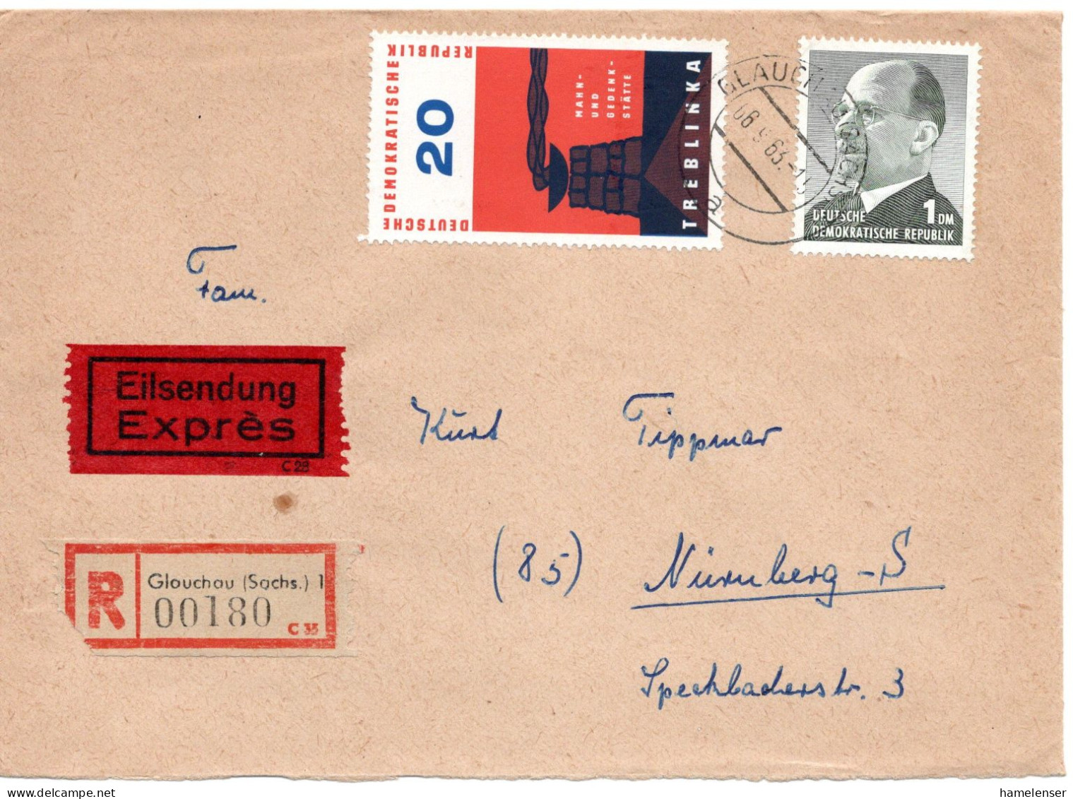 65370 - DDR - 1963 - 1DM Ulbricht MiF A R-EilBf GLAUCHAU -> NUERNBERG (Westdeutschland) - Lettres & Documents