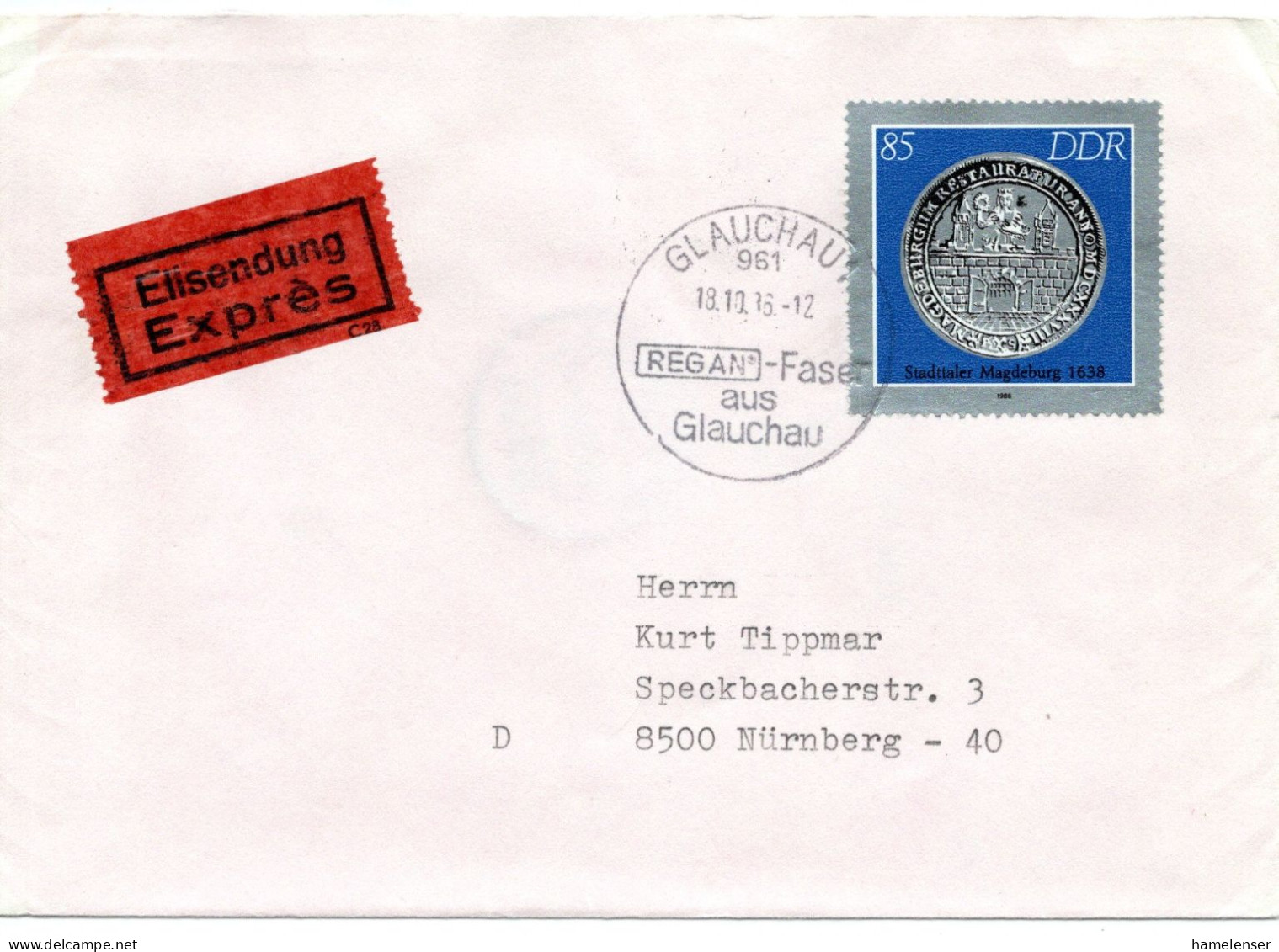 65372 - DDR - 1986 - 85Pfg Muenzen EF A EilBf GLAUCHAU -> NUERNBERG (Westdeutschland) - Briefe U. Dokumente
