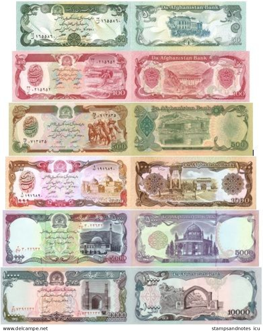 AFGHANISTAN 50 100 500 1000 5000 10000 Afghanis P 57 58 59 60 61 62 UNC Set: Matching Last Two Serials - Afghanistan