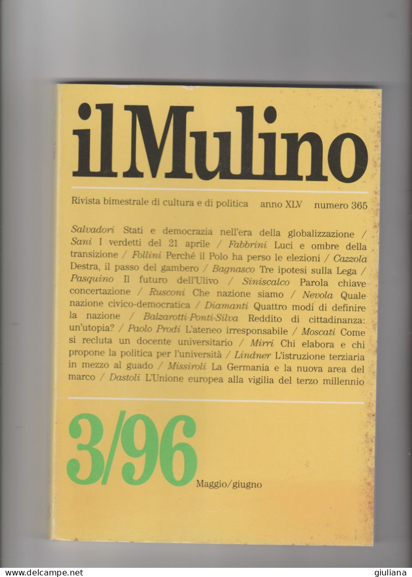 IL MULINO 3/96 - Rivista Bimestrale Di Cultura E Politica.  Maggio/Giugno  Anno XLV Numero 365 - Société, Politique, économie