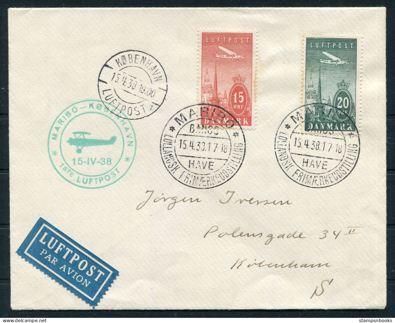 1938 Denmark Maribo - Copenhagen First Flight Cover. Luftpost Airmail, Lollandsk Frimerkeudstilling, Stamp Exhibition - Posta Aerea