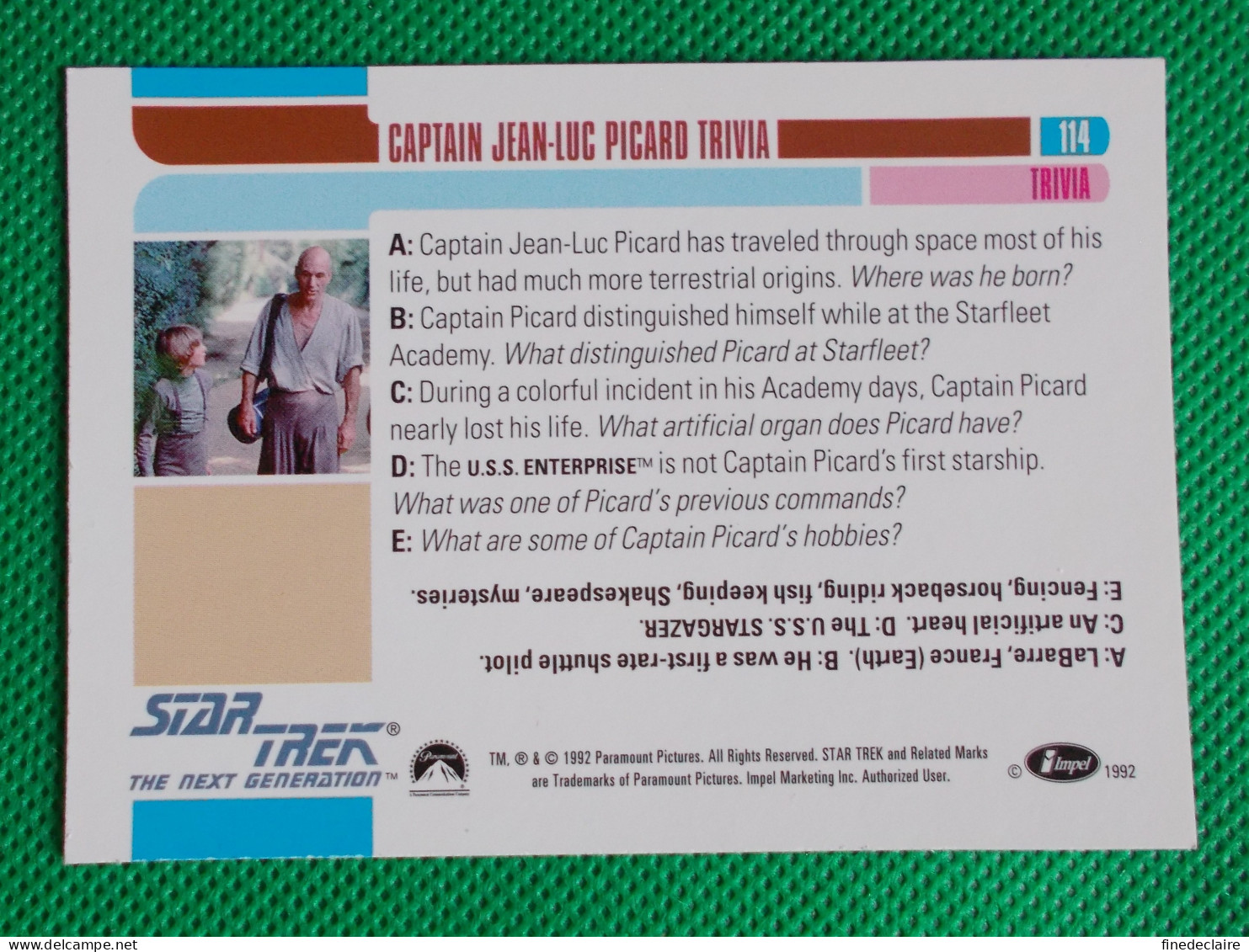 Trading Card Rigide Impel 1992 - (6,5 X 9 Cm) Star Trek - The Next Génération - Trivia: Jean Luc Picard - N° 114 - Star Trek