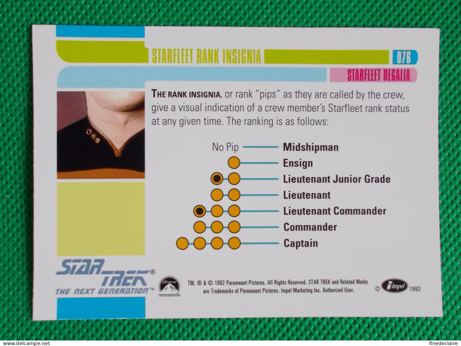 Trading Card Rigide Impel 1992 - (6,5 X 9 Cm) Star Trek - The Next Génération - Starfleet Rank Insignia - N° 76 - Star Trek