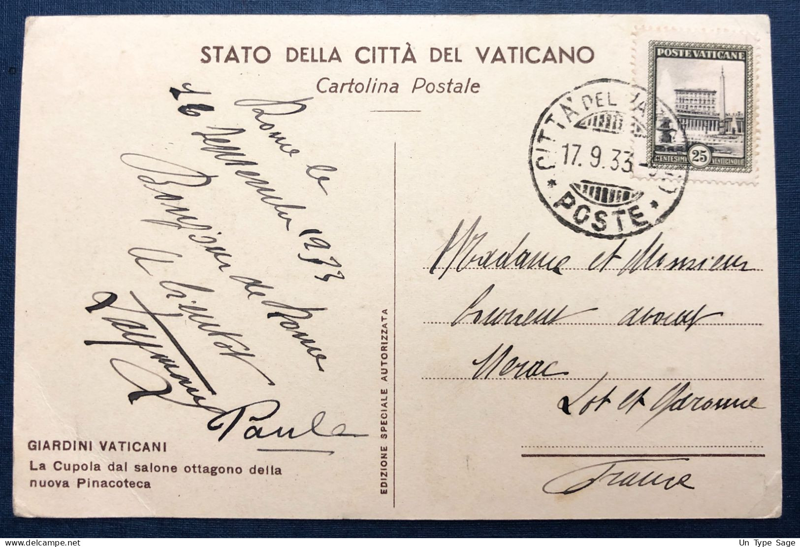 Vatican, Divers Sur CPA Pour La France 17.9.1933 - (N608) - Briefe U. Dokumente