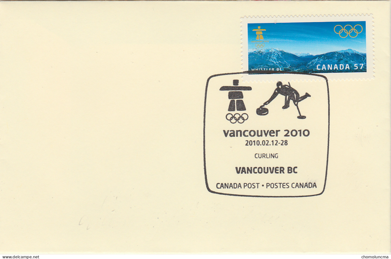 Curling Vancouver Winter Olympics Games Official Cancel With Stamp Jeux Olympiques D'Hiver Pierres Stones - Invierno 2010: Vancouver