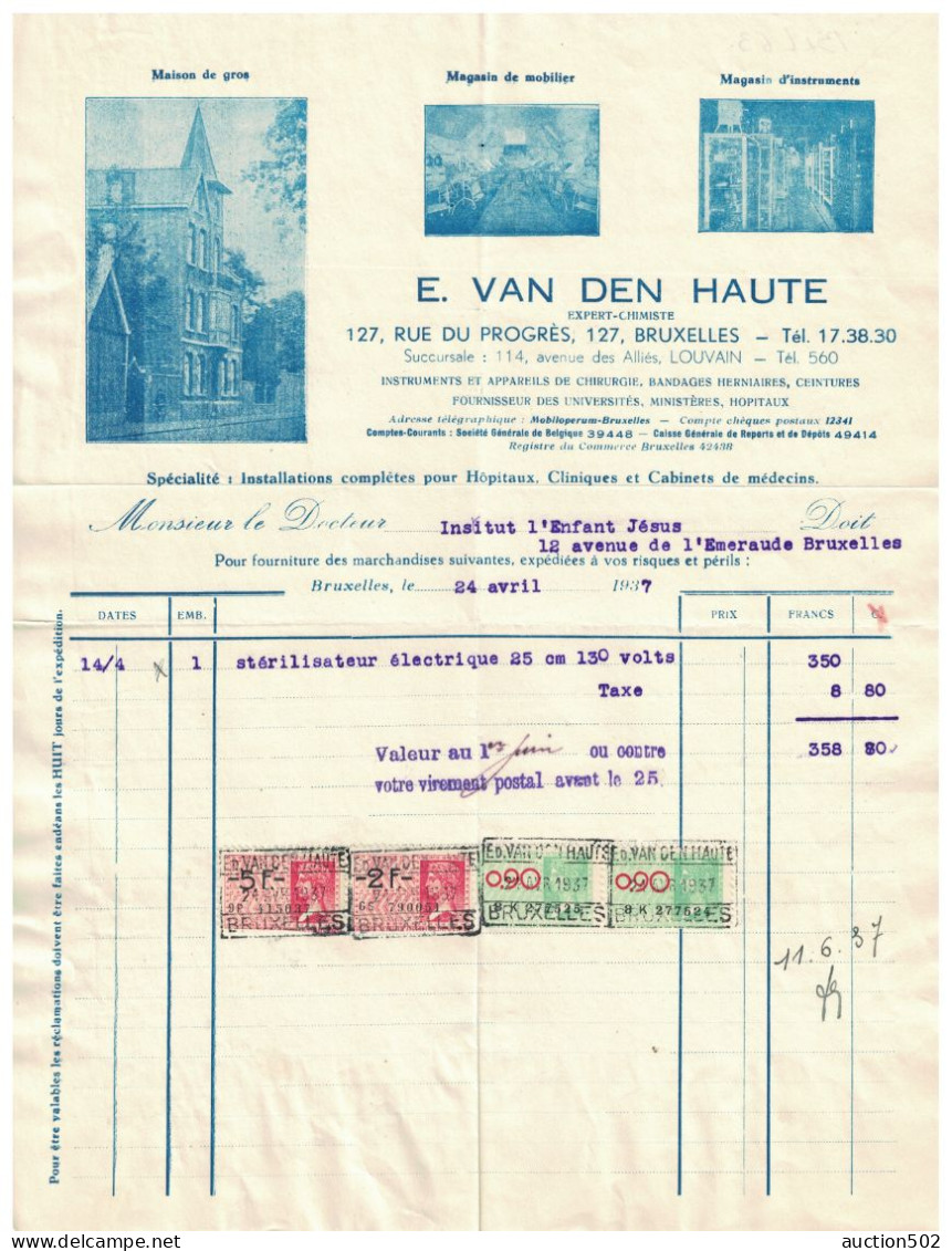 Facture 1937 Bruxelles E. Van Den Haute Expert - Chimiste  TP Fiscaux - Artigianato