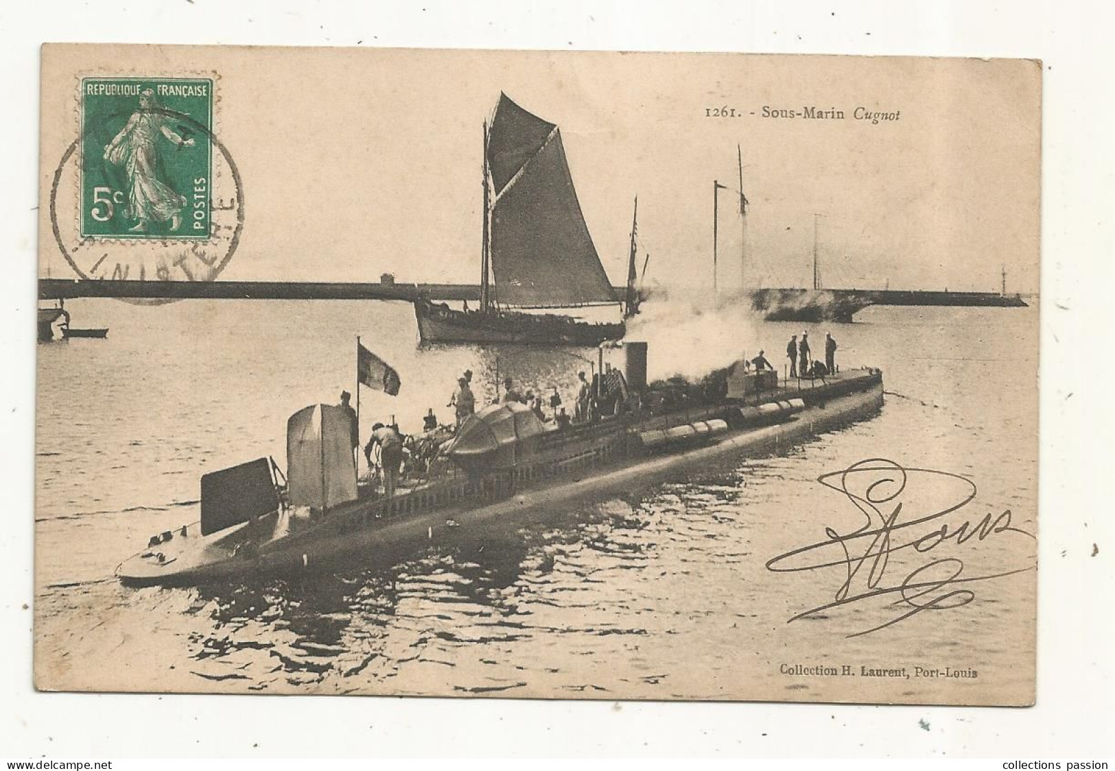 Cp, Bateau De Guerre ,  Sous Marin CUGNOT,  Voyagée ,  Voilier - Sottomarini