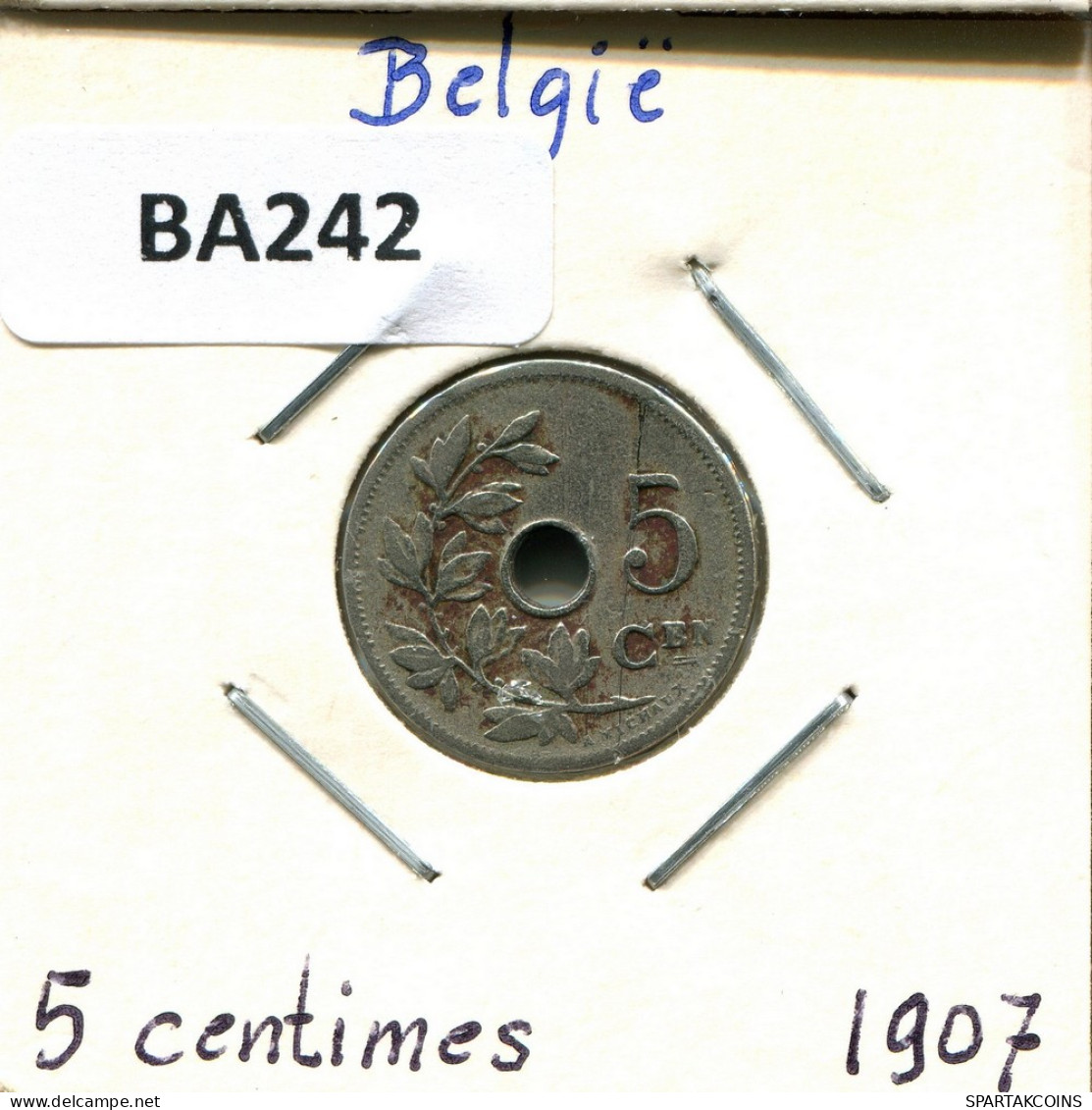 5 CENTIMES 1907 DUTCH Text BELGIQUE BELGIUM Pièce #BA242.F - 5 Cent