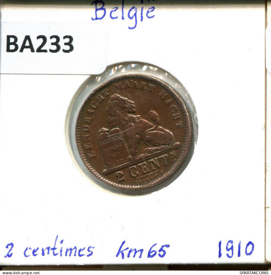2 CENTIMES 1910 DUTCH Text BÉLGICA BELGIUM Moneda #BA233.E - 2 Cent