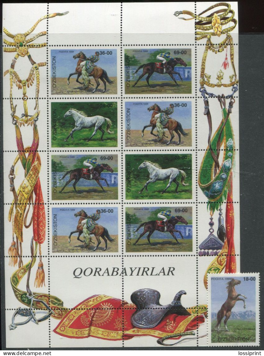 Uzbekiston:Usbekistan:Unused Sheet And Stamp Horses, 1999, MNH - Chevaux
