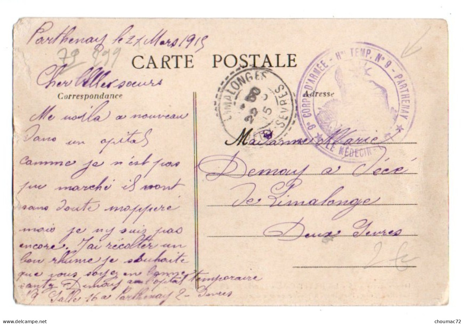 (79) 299, Mazières-en-Gâtine, Cordier 78, Le Petit Chene, Cachet Hopital Temporaire N° 9 De Parthenay - Mazieres En Gatine