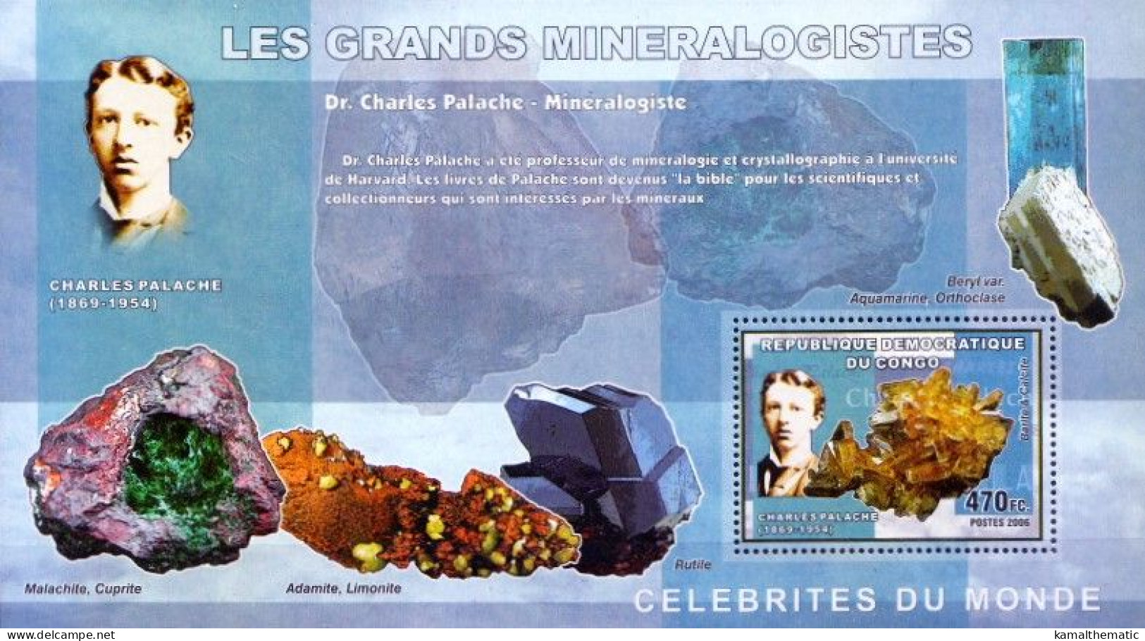 Congo 2006 MNH MS, Minerals, Charles Palache,  American Mineralogist & Crystallographer - Minéraux