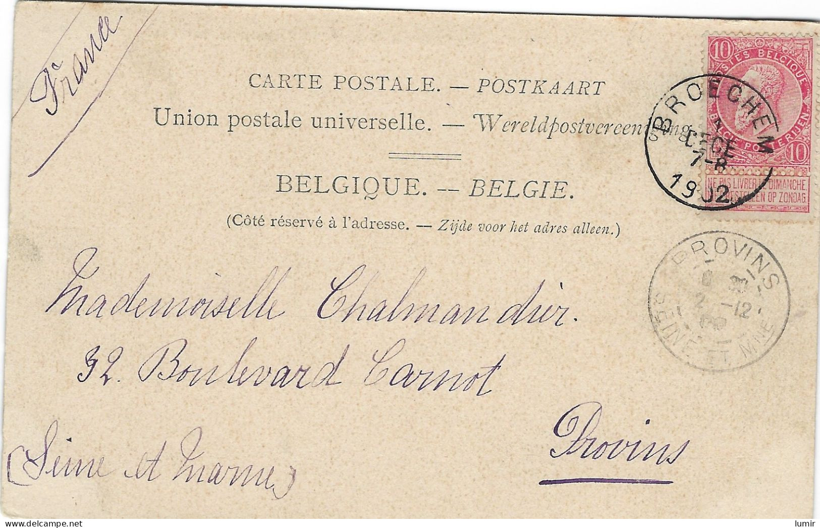 N°57 - Oblit. BROECHEM S/carte ANVERS Orphelinat -1déc1902 Vers Provins (France) - Bornem