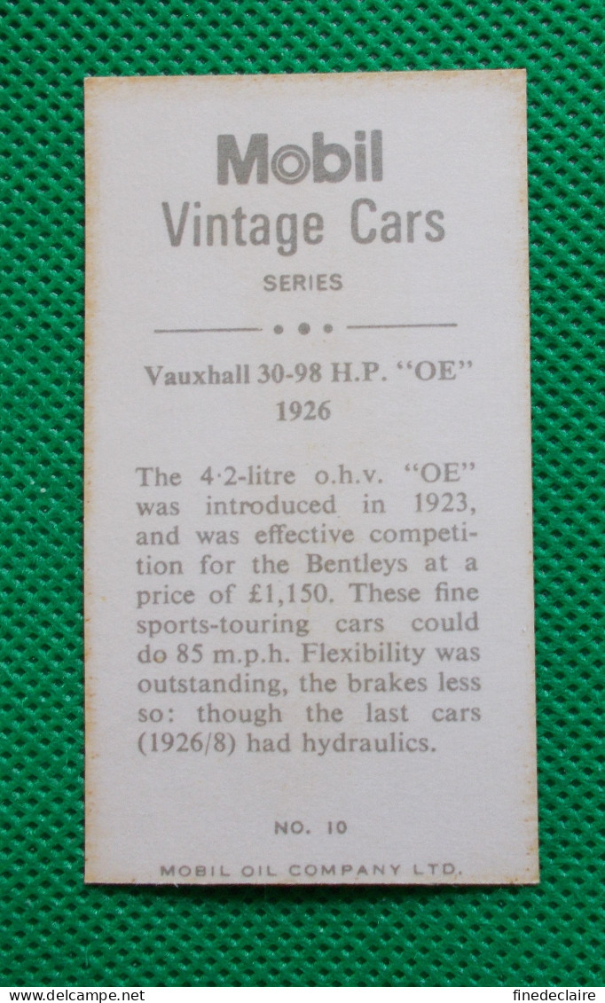 Trading Card - Mobil Vintage Cars - (6,8 X 3,8 Cm) - 1926 Vauxhall 30-98 HP "OE" - N° 10 - Moteurs